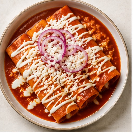Enchiladas rojas caseras con crema, queso fresco y cebolla morada