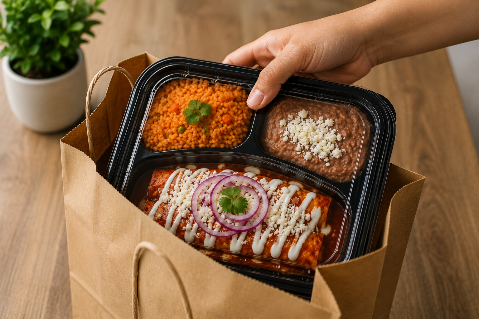 Paquete empresarial con enchiladas, arroz rojo y frijoles refritos listo para entrega